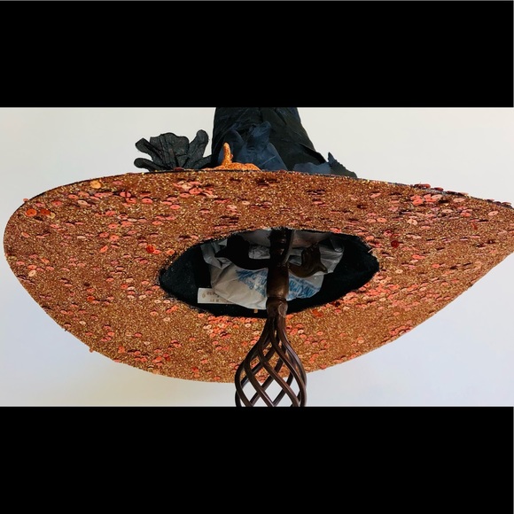 1 of Pumpkin patch witch hat Orange sparkles top & under brim black leaves 18"h - Picture 7 of 16